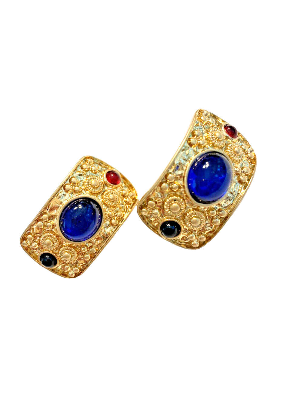 Vintage 1980’s Pierced Earrings Chunky Goldtone Faux Hoops Red Blue Cabechons